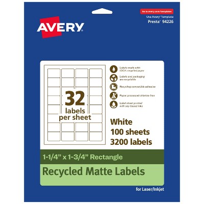 Avery Recycled Matte White Labels,  1-1/4" x 1-3/4" Rectangle