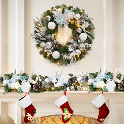 Pre-Lit Artificial Christmas Wreath, Xmas Decorated with Silver White Ball Ornaments Pine Cones, Ribbon Bow, Outdoor Lighted Christmas Wreath