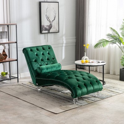 Okak Luxurious Velvet Button Tufted Chaise Lounge Chair with Transparent Feet,Comfy Upholstered Accent Chair for Bedroom,Living Room,Office
