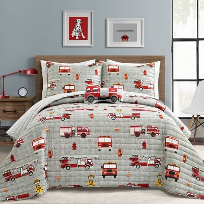Kids' Fire Truck Reversible Quilt Set Red/Gray - Lush Décor