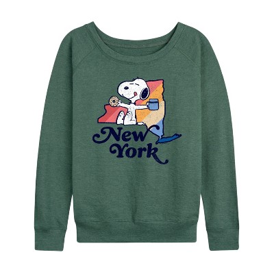 Women's - Peanuts - New York Snoopy Lightweight French Terry Wide Neck Long Sleeve Graphic Shirt