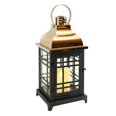 LumaBase Metal Lantern with LED Motion Flame Candle - Black with Copper Roof