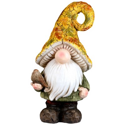 Northlight Fall Harvest Gnome in Maple Leaf Mushroom Hat Holding Bird - 16.5"