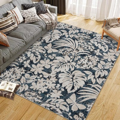 Fulvari Area Rug Floral Leaf Printed Accent Carpet with Non-Slip Backing, Stain-Resistant Indoor Carpet for Bedroom, Kitchen