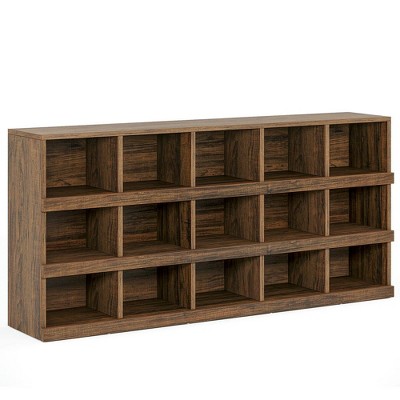 Resenkos Entryway Table, Console Sofa Table,63" Console Table, Farmhouse 4-Tier Sofa Table with 15 Storage Cubes Brown