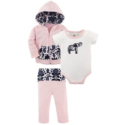 Yoga Sprout Baby and Toddler Girl Cotton Hoodie, Bodysuit or Tee Top, and Pant, Ikat Elephant Baby