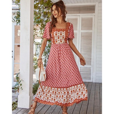 Women's Summer Boho Floral Print Dress Vintage Square Neck Ruffle Swing Flowy Beach Long Maxi Dress