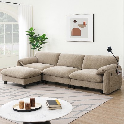 108" Chenille Upholstered L-Shape Modular Sectional Sofa with USB and Type-C Charger, Phone Holder