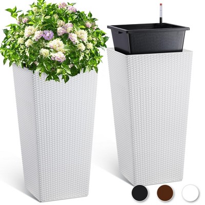 30 Inch Tall Planter Set of 2 Large Rattan Flower Pot with 2 Trays & a Water Level Monitor & Wheels Outdoor and Indoor for Patio, Porch, Living Room