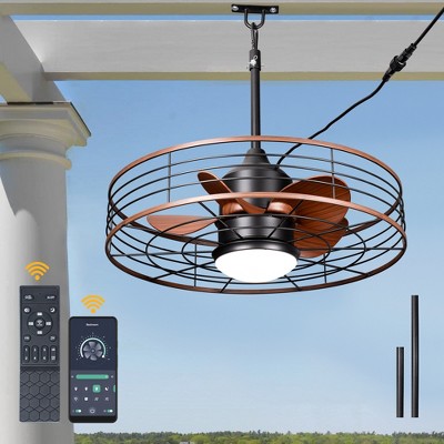 Bella Depot 23" Black Outdoor Ceiling Fan with Light and Remote, Waterproof Pluged 6-speed Caged Ceiling Fan with APP Control