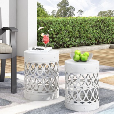 DSVIMOY Patio End Tables, 2-pcs Patio End Tables, Indoor Outdoor Nesting End Carved Trellis Design Side Table, White, 13.75"*13.75"*18"