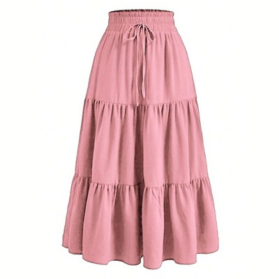 Coolmee Women Midi Skirts Boho Swing Tiered A-Line Elastic Drawstring High Waist Fashion Long Dress