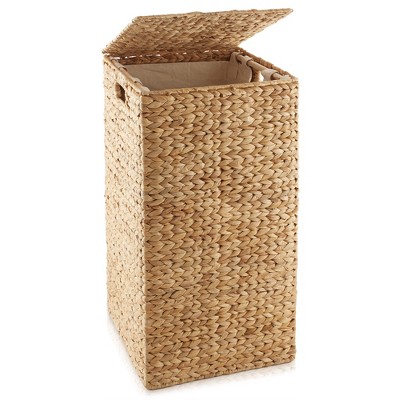 Casafield Laundry Hamper with Lid and Removable Liner Bag, Woven Water Hyacinth Square Laundry Basket for Clothes