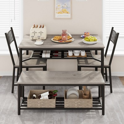 Dining Table Set for 4, Wooden Rectangular Kitchen Table with 2 Chairs and Bench, Dining Room Table with Wine Rack for Small Space, Apartment, Home