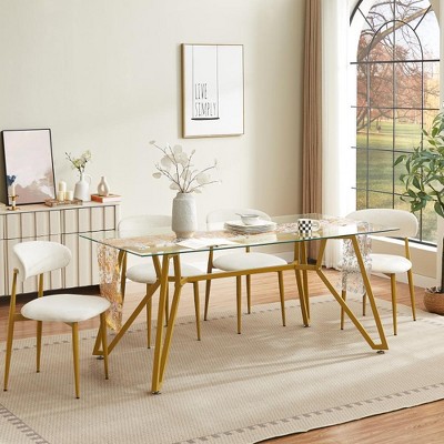 KTMBDW Glass Dining Table, Tempered Glass Tabletop and Metal Tubular Legs, Modern Style Table for Kitchen, Dining Room, Gold