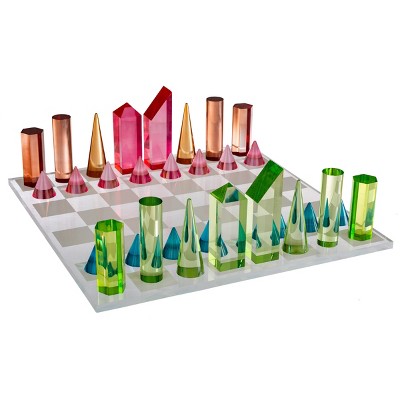 Trademark Games Modern Chess Set - Acrylic Chess Board with 32 Colorful Game Pieces - Unique Tabletop Decor Item with Functional Gameplay