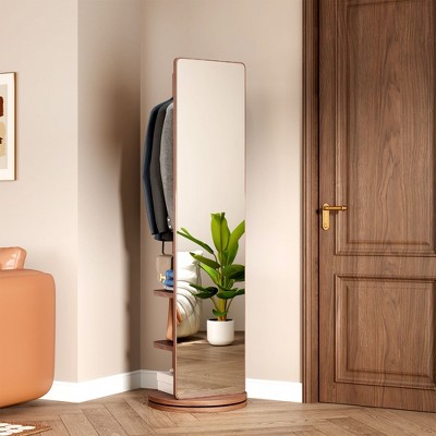 Lomsoe 360 Rotating 69"x16" Multifunctional Full Length Mirror with Hook Storage Rack Coat Rack with Mirror Solid Wood Floor(walnut)