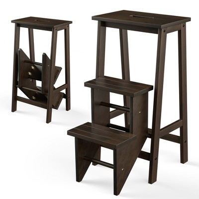 Costway 3 Tier Step Stool 3 in 1 Folding Ladder Bench Storage Shelf Multi-function CoffeBrown