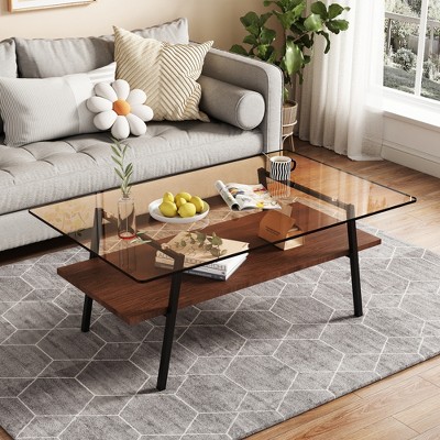 NicBex Rectangle Coffee Table with Open Shelf,Tempered Glass Tabletop with Metal Legs,2-Tier Wood Center Table for Living Room