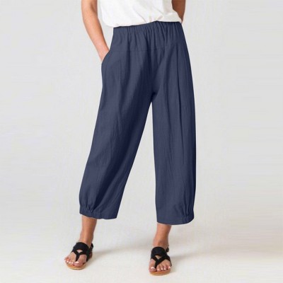 Linen Pants Women Wide Leg Palazzo Summer Flowy Pants Beach Vacation Clothes Elastic Waist Travel Trousers with Pockets