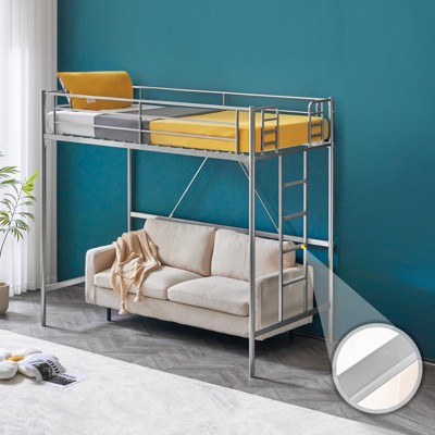 VINGLI Twin Loft Bed with Stairs Flat Steps for Kids, Adults Single Bed Space Saver Metal Loft, No Box Spring Required, Gray