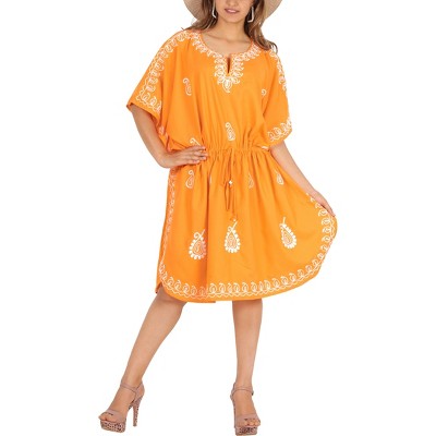 HAPPY BAY Women's Mini Boho Short Caftan Dress 2X-3X Tangerine Paisley