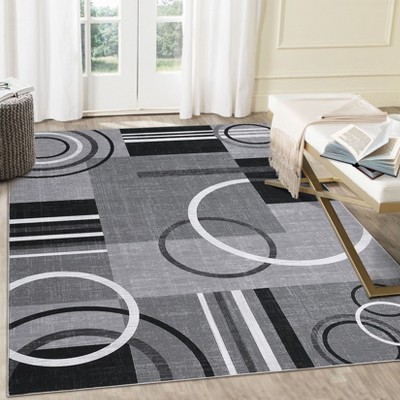Geometric Rug Machine Washable Modern Contemporary Rug Foldable Non-Slip Abstract Square Circle Design Carpet Soft Low Pile Non Shedding Floor Cover