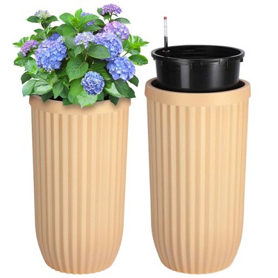 Tall Planters Set of 2 Tall Fulted Planter, Outdoor Self Watering Pots with Water Level Monitor