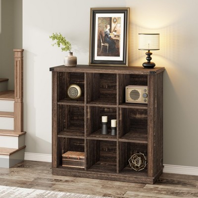 9 Cube Storage Organizer Bookshelf, 4 Tier Farmhouse Horizontal Bookcase, 37.4 Inch Wood Storage Bookcase for Entryway, Long Low Bookshelves