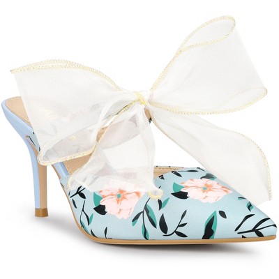 Allegra K Women's Pointed Toe Floral Printed Lace Bow Strap Stiletto Heels Mules