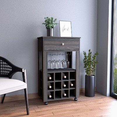 Gulches 12 Bottle Wine Rack with Casters, 8 Capacity Stemware Rack and Spacious Drawer