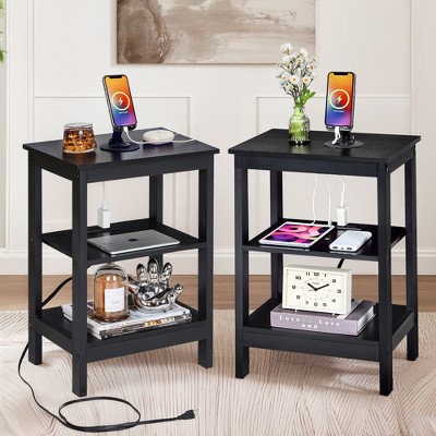 VECELO Modern Nightstand with Charging Station, Side End Table with Storage Shelf for Bedroom or Living Room, Small Spaces, Black/Brown/White