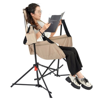 Sevobal Outdoor Portable Chairs Hammock Camping Chair Folding Rocking Recliner with Pillow Cup Holder for Lawn Backyard, Beige, 11"*8.3"*37.8"