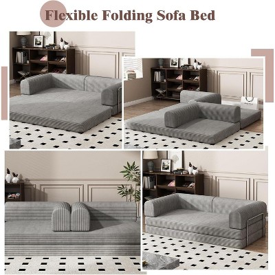 Convertible Corduroy Sleeper Sofa Bed,Folding Mattress Couch with Fixed-Shape Frame, 3 Seater Fold Out King Size Futon, Floor Couch for Living Room