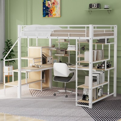 Full Size Metal Loft Bed with Storage Staircase, Small Wardrobe, Built-in Desk and Storage Shelves, 4Q -ModernLuxe
