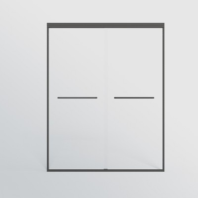 Gulches 56in to 60in W x 72in H Double Sliding Semi frameless Shower Door Matte Black Finish with Clear Glass Explosion proof Rollers 1 Pc