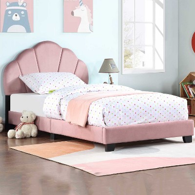 KTMBDW Upholstered Twin Size Platform Bed for Kids, Wooden Bed Frame with Slatted, Cute Bed Frame with Shell Design Headboard, No Box Spring Needed