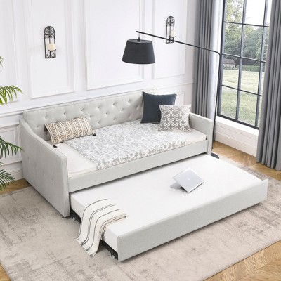 NicBex Twin Size Daybed with Twin Size Trundle,Upholstered Tufted Sofa Bed with Waved Shape Arms for Bedroom,Living Room