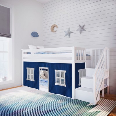 Max & Lily Twin Low Bunk Bed with Staircase and Curtains