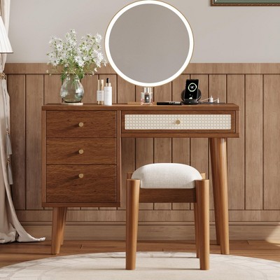 39"W Retro Wooden Makeup Vanity Set with Charging Plug & USB Port and Stool, Dressing Table with 3 Drawers and 1 Rattan Drawer 4B - ModernLuxe
