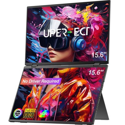 UPERFECT 15.6" Dual-Screen Portable Monitor 1080P HDR, Auto-Rotate Folding Laptop Extender with USB-C & HDMI for Business & Gaming No Driver Needed