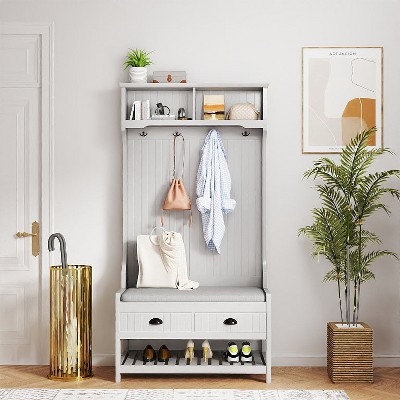MOEPISY 3-in-1 Hallway Hall Tree with 2 Storage Drawer and 4 Coat Rack, Grey