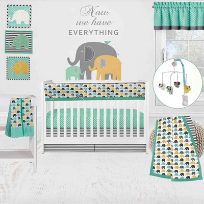 Bacati - Elephants Mint/Yellow/Gray 10 pc Crib Bedding Set with Long Rail Guard Cover