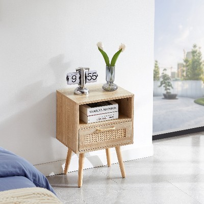 Lyngins Rattan Woven Side Table with Drawer, Storage End Table Living Room with Solid Wood Legs, 15.75" Bedroom Nightstand, Small Table Sofa Table