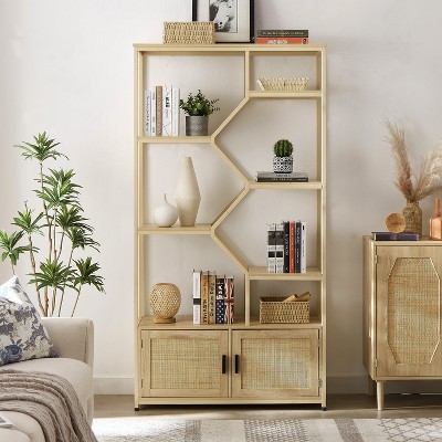 MOEPISY 7 Tiers Rattan Bookshelf Bookcases Storage Rack With Cabinet Natural