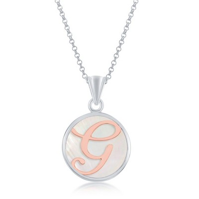 Bella Silver Sterling Silver, MOP 18" Pendant Necklace, Rose Gold Script Initial - White
