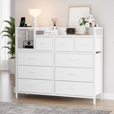 39" Dresser TV Stand with Power Outlet, 9 Fabric Drawer Dresser for Bedroom, Metal Frame, Drawer Storage Cabinet for Living Room Hallway, White