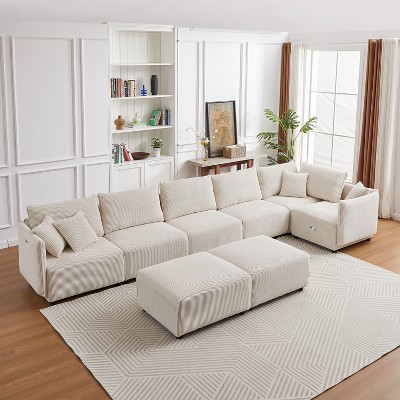 106"W Modular Combination Style Sofa, Modern Minimalist Corduroy Sofa with 2 Comfort Pillows and USB & C Charging Ports 4S - ModernLuxe