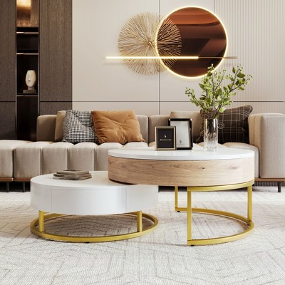 NicBex 31.5 Inch Round Coffee Table Simple Modern End Table with 2 Storage Drawers and Golden Legs for Living Room, Bedroom