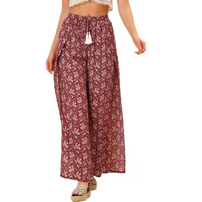 Allegra K Women's Boho Tassel Drawstring Flowy Split Wide Leg Palazzo Pants